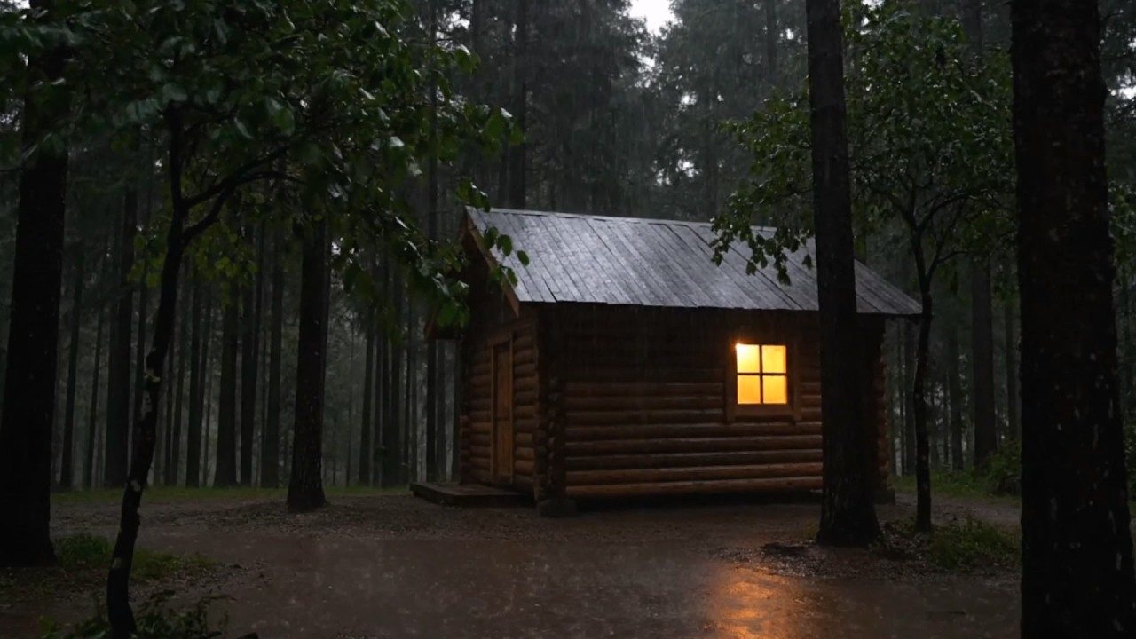 Deep Forest Solitude | Heavy Rain on Log Cabin with Glowing Window ASMR