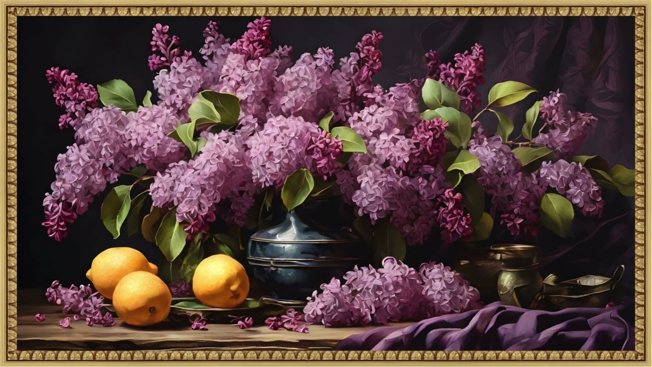 Vintage Lilac and Lemon Still Life | Dark Elegant Floral Art | Digital Painting in 4K | Frame TV Art