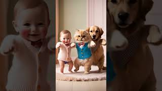 Sweet Baby, Cat, And Dog Together