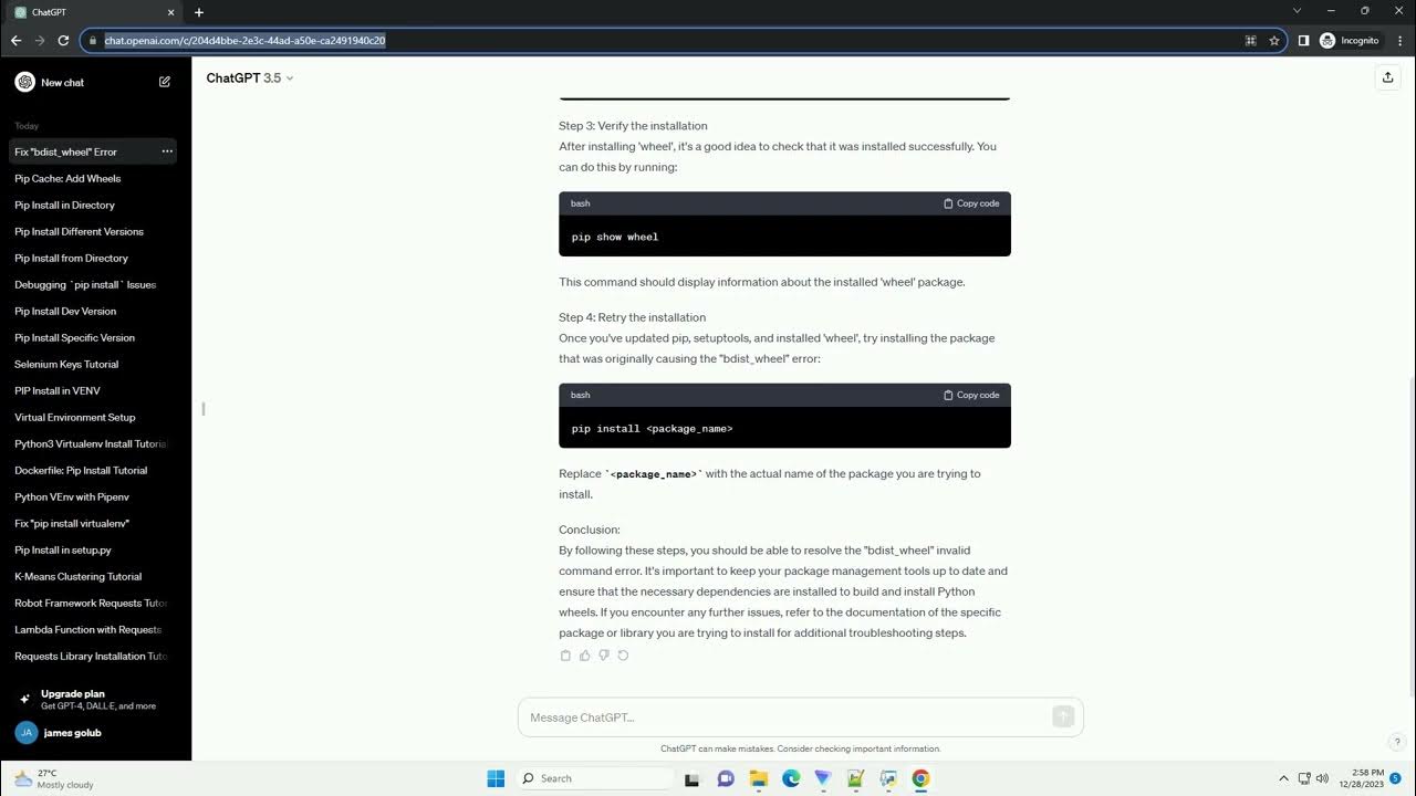 Pip install bdist wheel invalid command youtube