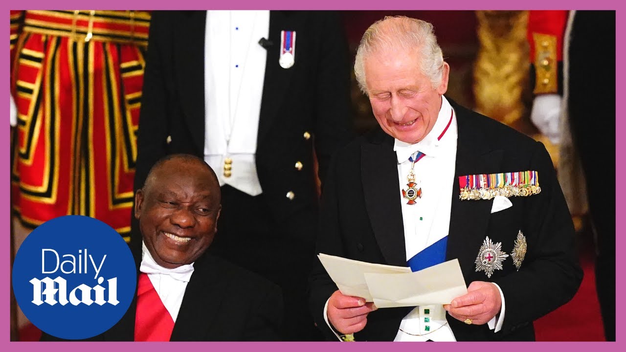 King Charles III and South African president exchange speeches during banquet