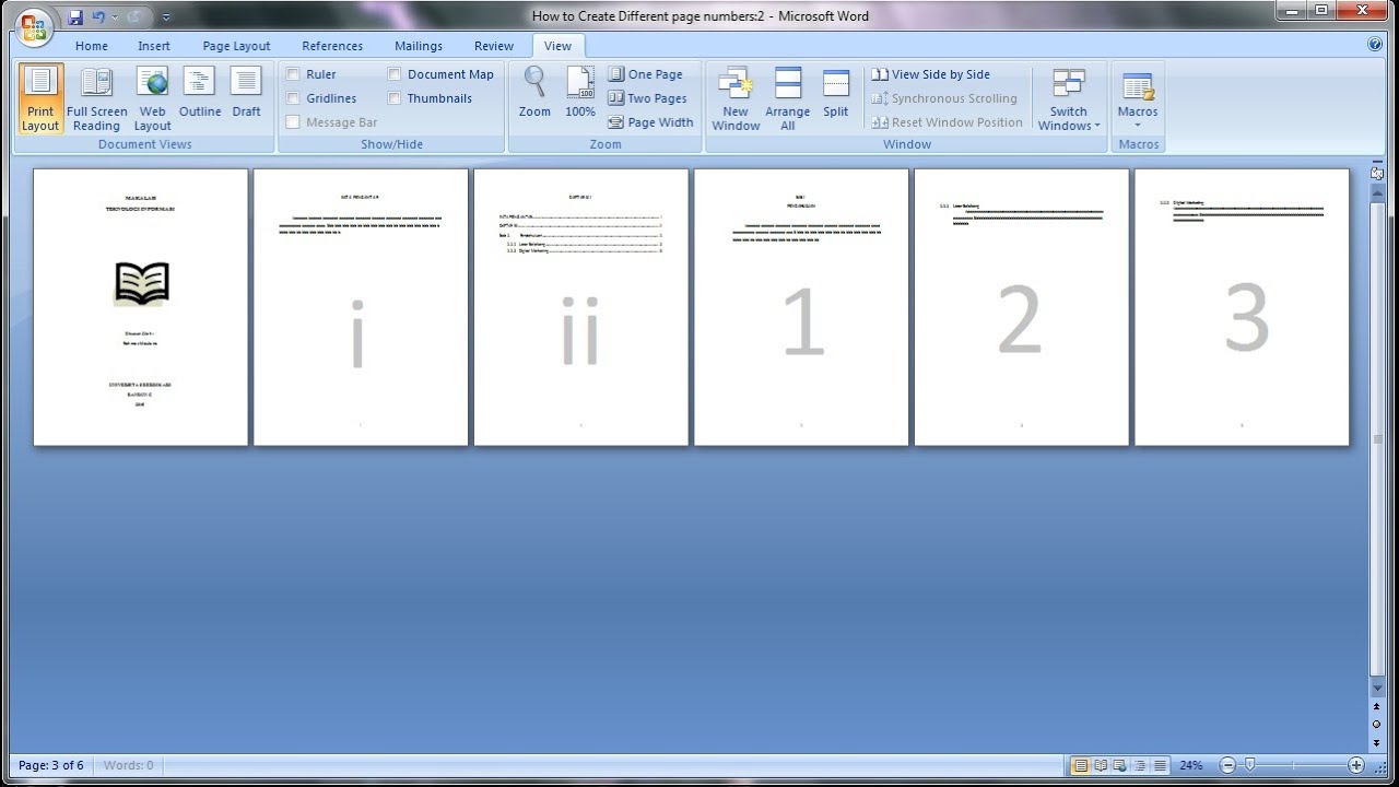 Belajar Microsoft Word 2007 Cara Membuat Page Number Atau Nomor Halaman Makalah Berbeda Youtube