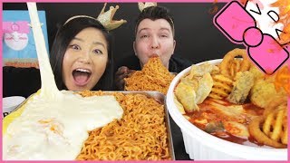 6X NUCLEAR FIRE NOODLES w/ CHEESE + SPICY RICE CAKES ft. NIKOCADO AVOCADO l MUKBANG