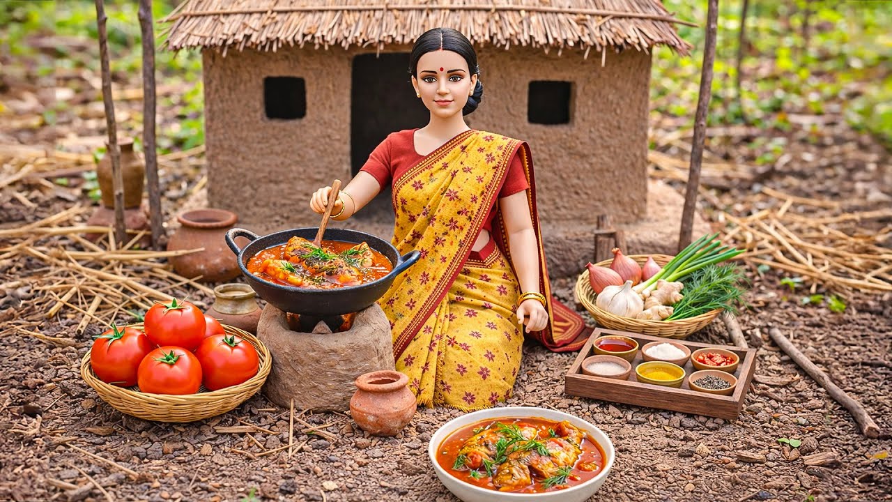 Miniature Doll Cooks Fish Tomato Curry & Soft Roti 🐟🍅 | Indian Village Tiny Kitchen ASMR