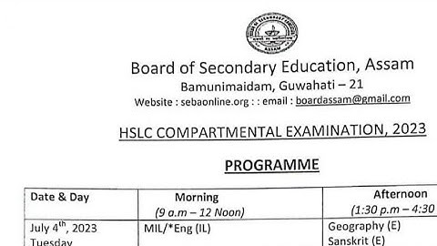 ASSAM SEBA HSLC 2023 COMPARTMENTAL EXAM ROUTINE 2023 @ASSAM HSLC EXAM 2023