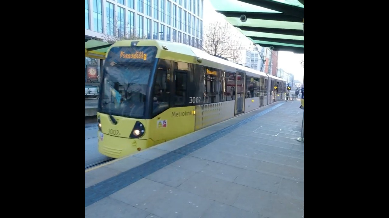 Manchester Tram 3002 Arrives At St. Peter's Square, Going to Piccadilly