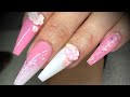 Acrylic nails - pink & white design set with glitter & glamsusie flowers