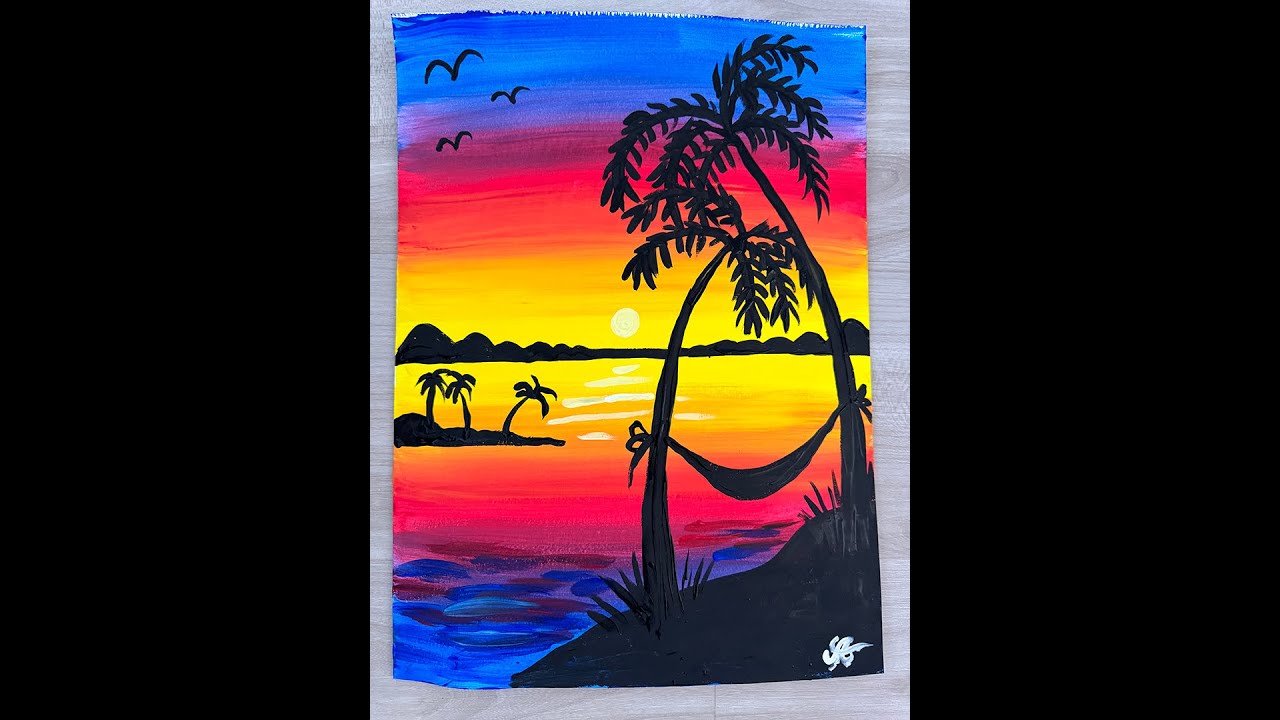Sunset, Palm Trees & Hammock: Easy Painting for Kids and Beginners