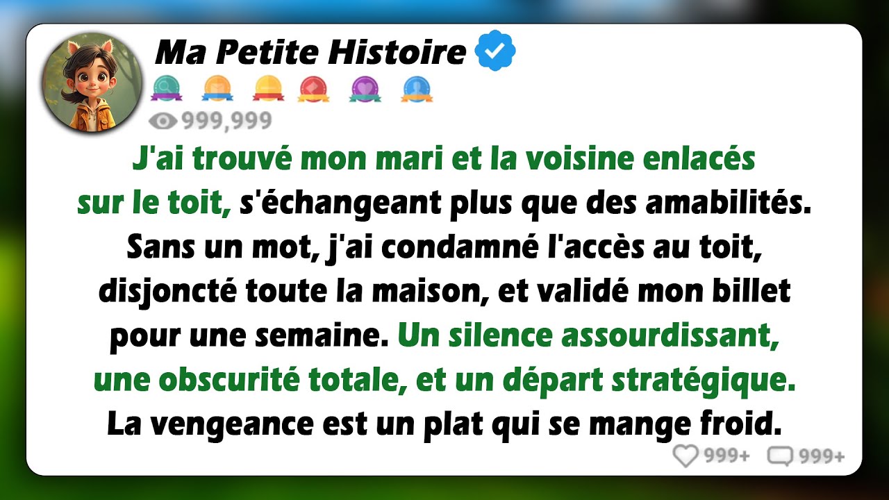 J'ai surpris mon mari et la voisine en train d'avoir une liaison sur le toit. J'ai discrètement...