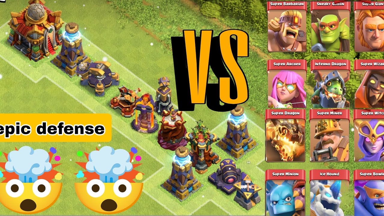 clash of clans th16 epic defense vs every super troops #clashofclans ...