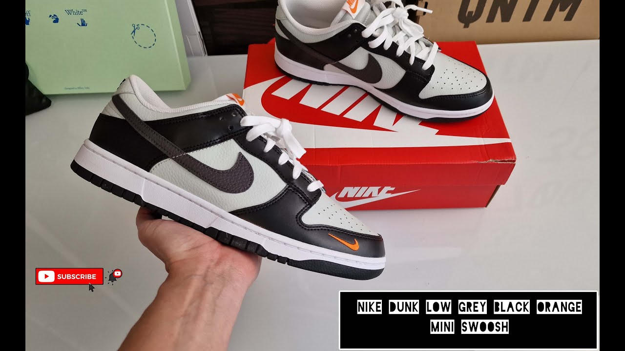 Nike Dunk Low Grey Black Orange Mini Swoosh - On Feet and Check