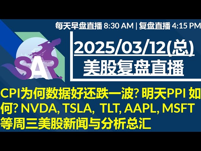 美股直播03/12[复盘] CPI为何数据好还跌一波? 明天PPI 如何? NVDA, TSLA,  TLT, AAPL, MSFT  等周三美股新闻与分析总汇