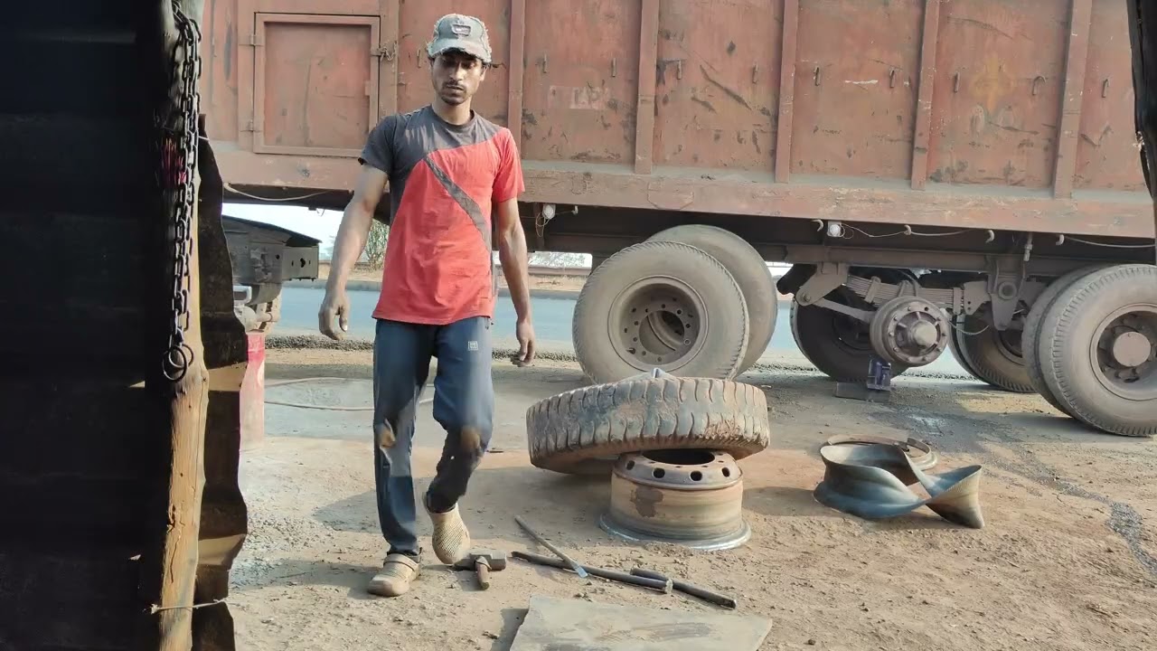 Tata ka 18 chakka trailer ka AK tayar mein 2 getis lagaya,||🚚 #islamicvideo #dehativlog #viralvideo 