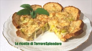 Torta salata con pan carrè ai cereali, porri e taleggio