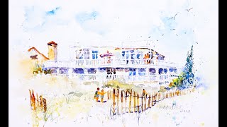 Watercolor Beach House with Figures and Sunlight Effects