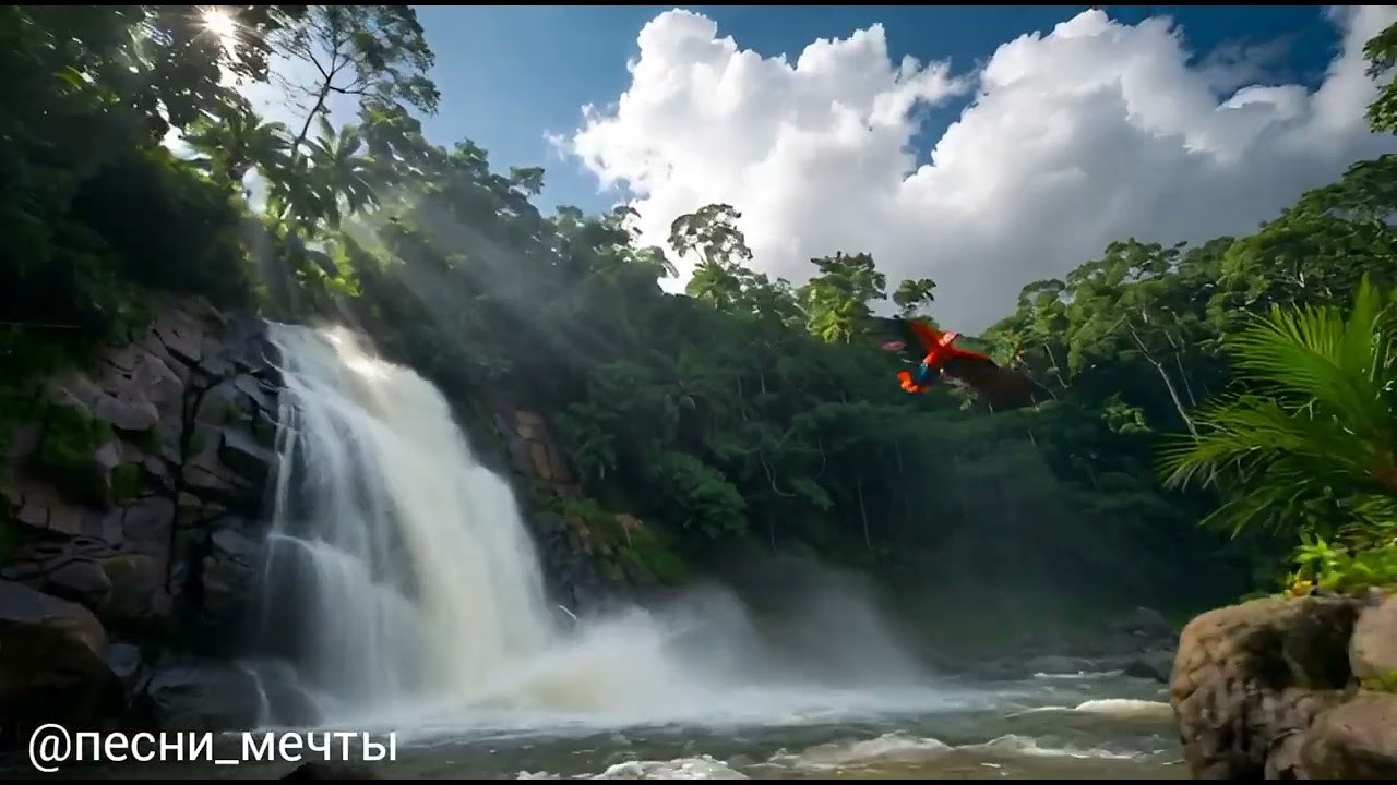 Тропический Водопад с Попугаями | Успокаивающие Звуки Флейты, Фортепиано и пение птиц