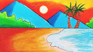How to draw sunset in the beach | easy sunset scenery drawing | pooja art gallery #art #sunset