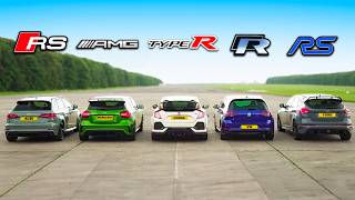 RS 3 v A45 AMG v Civic Type R v Golf R v Focus RS - DRAG \& ROLLING RACE | Head-to-Head