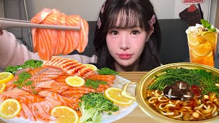 숙성연어회 4인분! 5분 순삭영상 (with 우동) | Salmon MUKBANG | EATING SHOW | ASMR