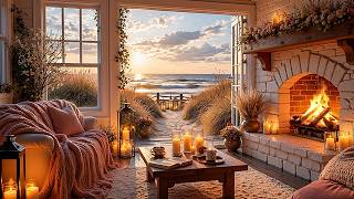 Cozy Beach Cottage at Sunrise 🌅🔥 Fireplace & Ocean Waves for Sleep & Relaxation