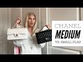Chanel medium and small flap comparison, black vs. white caviar, silver vs. gold hardware