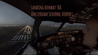 Approach and landing runway 36R Amsterdam Schiphol airport (AMS EHAM) Cockpit view