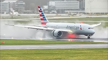 (4K) Insane Reverse thrust on wet runways! Rainy landings at Amsterdam airport Schiphol