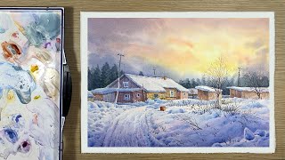 Watercolor painting landscape- Snowy village
