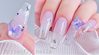 sub) Clear glitter, butterfly nail🦋 | Half Tip Extension | extension nail | selfnails