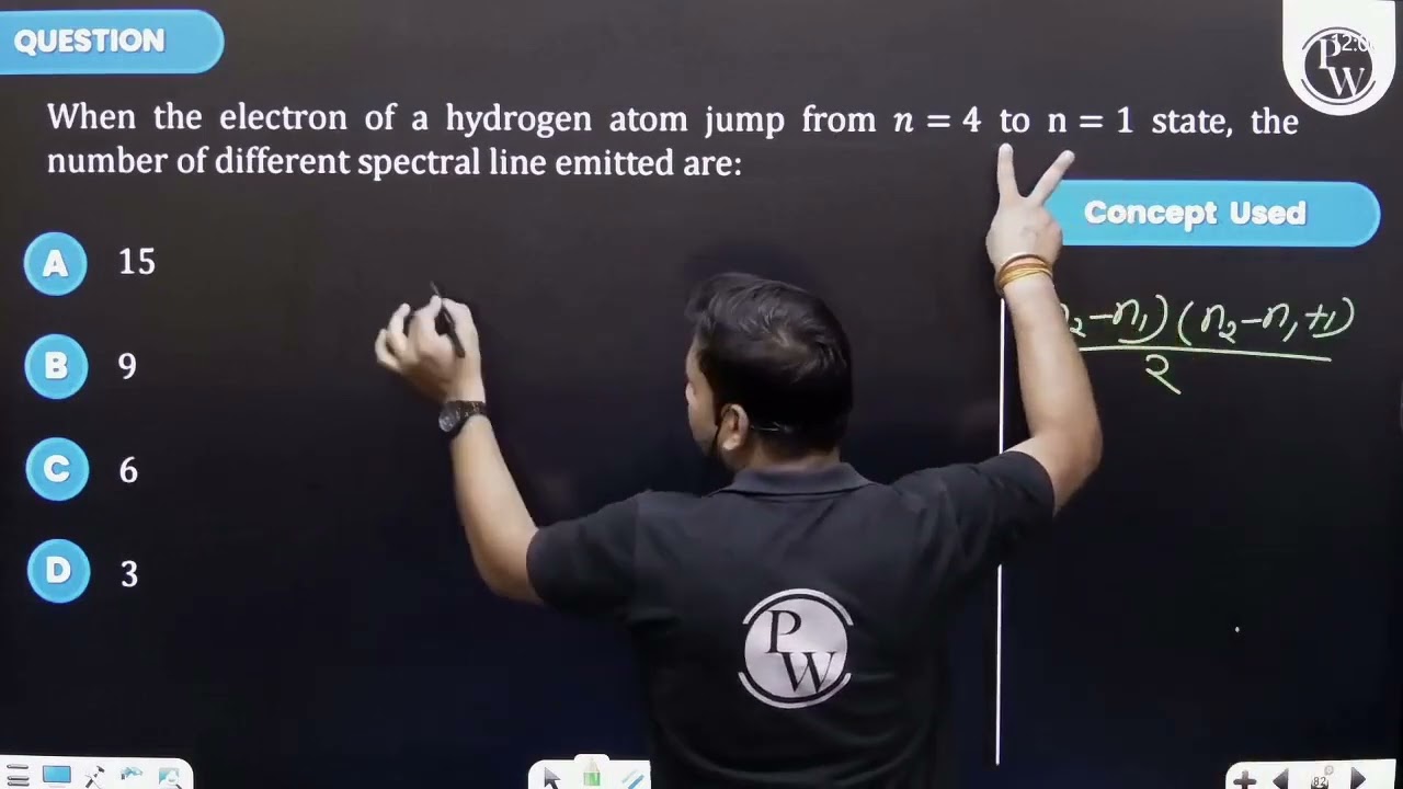 When the electron of a hydrogen atom jump from n = 4 to n = 1 state, the number of different spec...