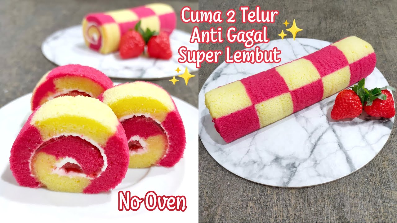 CUMA 2 TELUR‼️RESEP DAN CARA MEMBUAT BOLU GULUNG KUKUS MERAH PUTIH MOTIF PAPAN CATUR | RESEP PEMULA