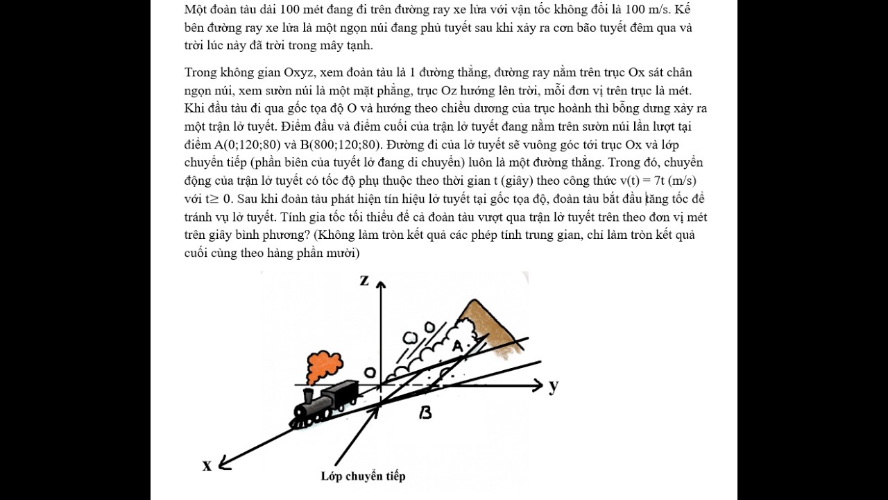 Toán 12: Tích phân+Hình Oxyz: Một đoàn tàu dài 100 mét đang đi trên đường ray xe lửa với vận tốc