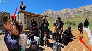 The process of preparing flour for baking bread in nomadic life in the mountains