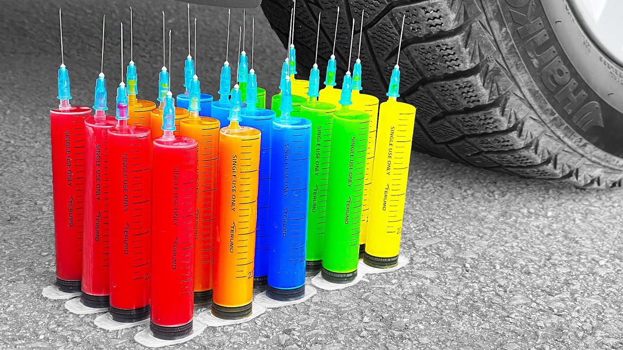 Experiment: Wheel Car VS 😱 Color Medical Syringes. Crushing Crunchy ...