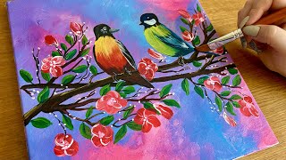 Bird on branches with flowers  /  Painting Step by Step / Acrylic Painting Techniques