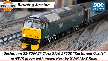 Bachmann Class 57/6 32-756ASF 57602 "Restormel Castle“ in GWR green w/ Hornby GWR MK3 Rake DC Sound