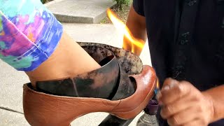 ? FIRE HIGH HEELS ? Street SHOE SHINE on Womens Leather Shoes by Margarito in Mexico City ?? (ASMR)