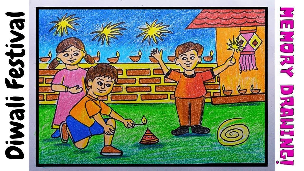 HOW TO DRAW DIWALI SCENERY DRAWING | DIWALI MEMORY DRAWING | DIWALI SCENE DRAWING  EASY | Easy drawings, Diwali drawing, Kids art class