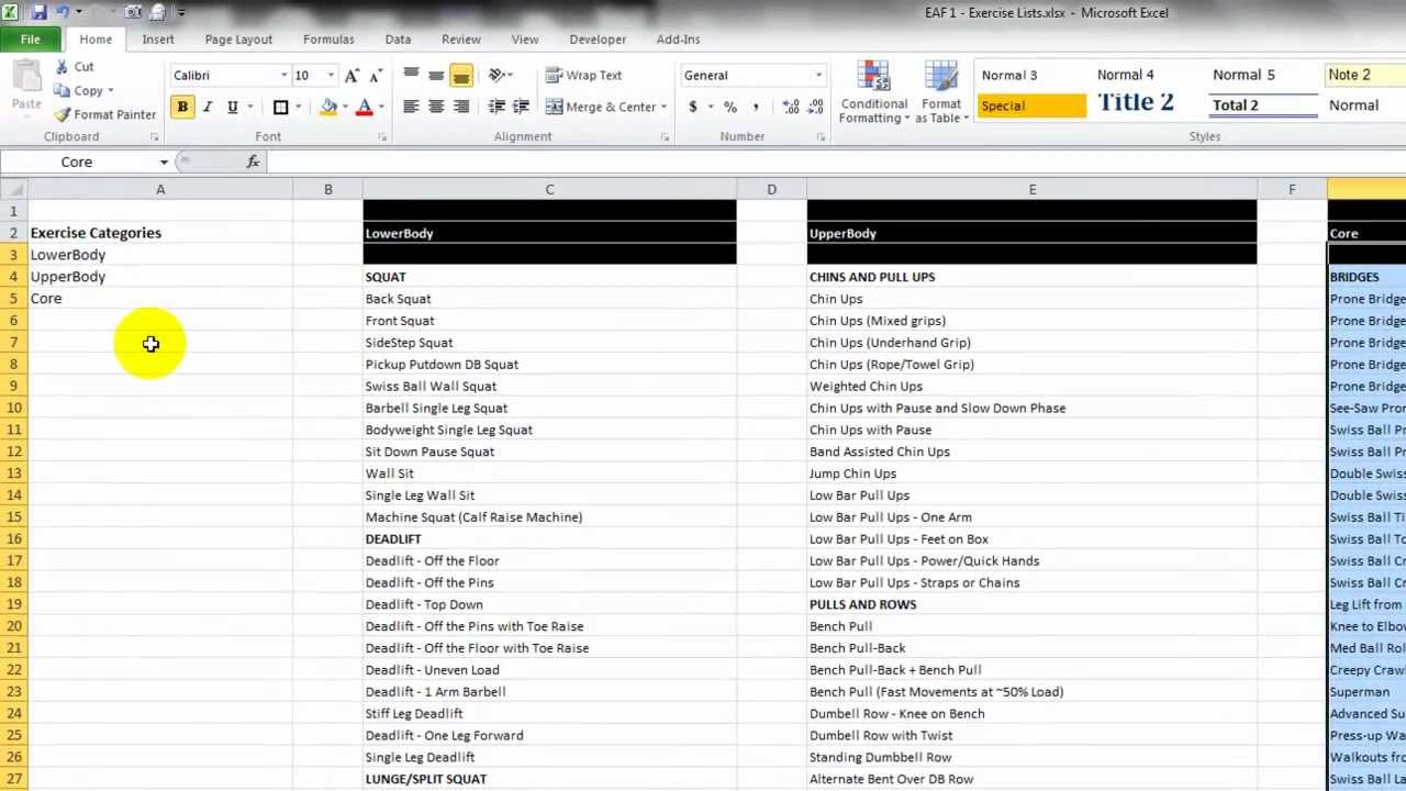 Eaf 1 Create Fitness Programme With Excel Youtube