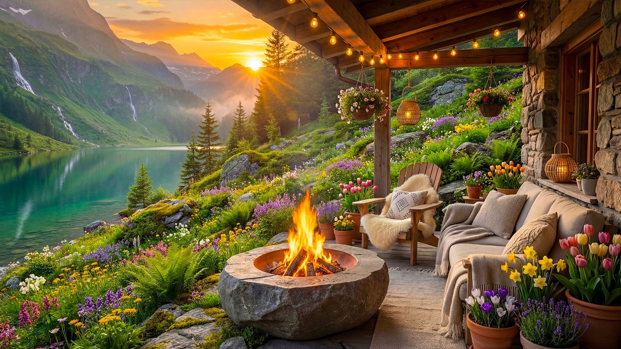 Beautiful Spring Cabin Porch in Mountain by the Lake 🌸🔥 Cozy Campfire & Gentle Birdsong for Study