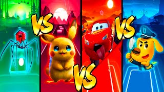 Pikachu VS  Sheriff Labrador VS McQueen Eater VS House Head monster | Epic battle in Tiles Hop EDM