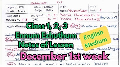 Class 1, 2, 3 Ennum Ezhuthum Notes of Lesson December 1st Week English Medium