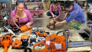 The genius girl restored and repaired the entire broken chainsaw engine for the farmer