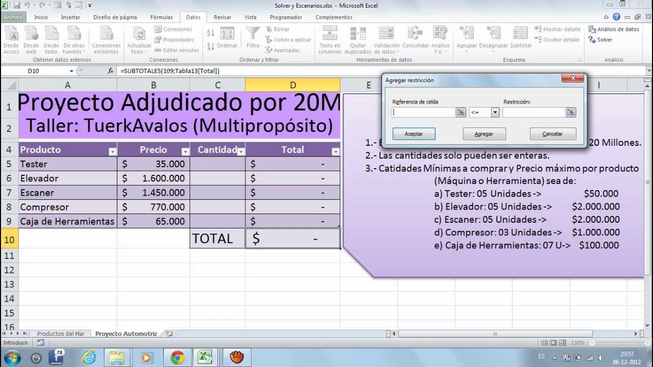 Cálculo de Presupuesto con Solver - Taller Mecánico - Excel 2010 - YouTube