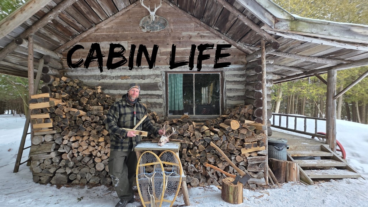 Blizzard at the Off Grid Log Cabin! Friction Fire, Venison Stew and Dead Heads