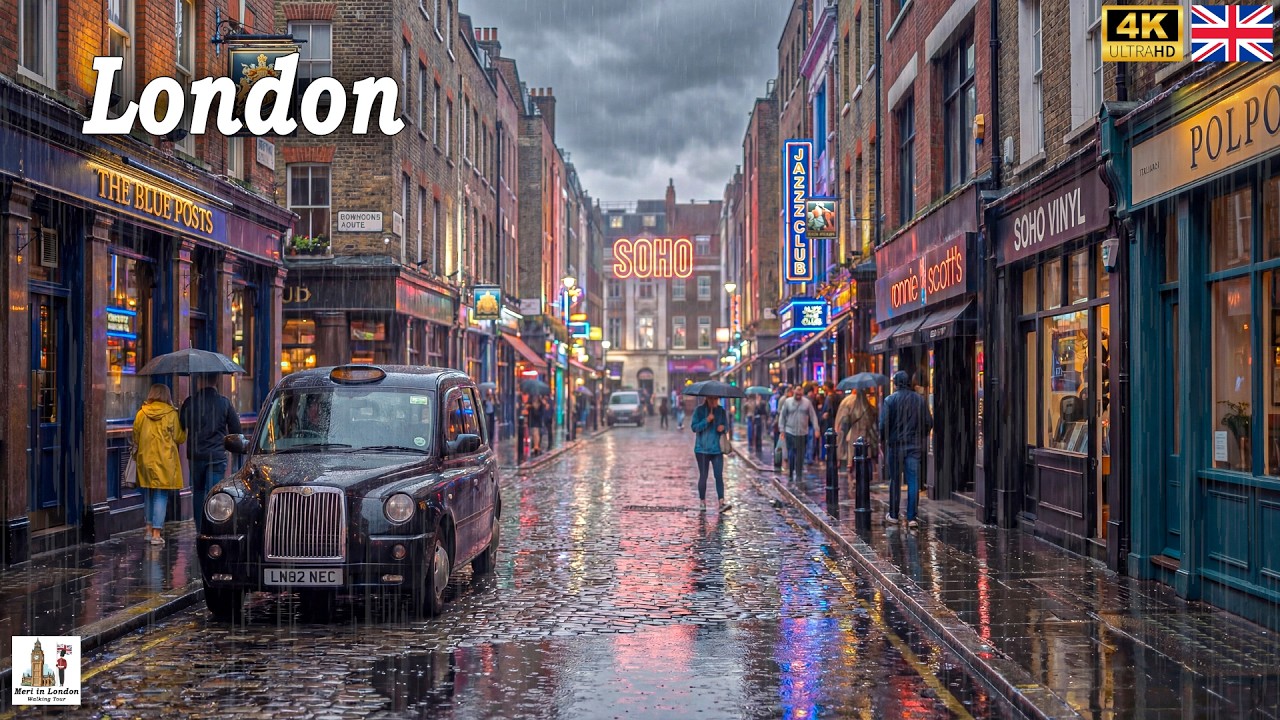 London City Centre Rainy Walk | Beautiful Rain Soaked Streets of West End | 4K