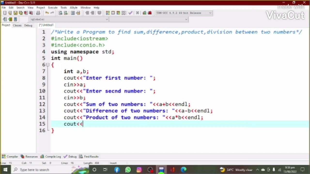 Program to find Sum, Difference, Product and Division in c++ - YouTube