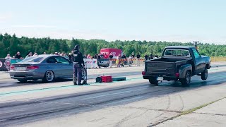 BMW 335D E92 vs 1979 Dodge D150 Stepside 440cid 1/4 mile drag race