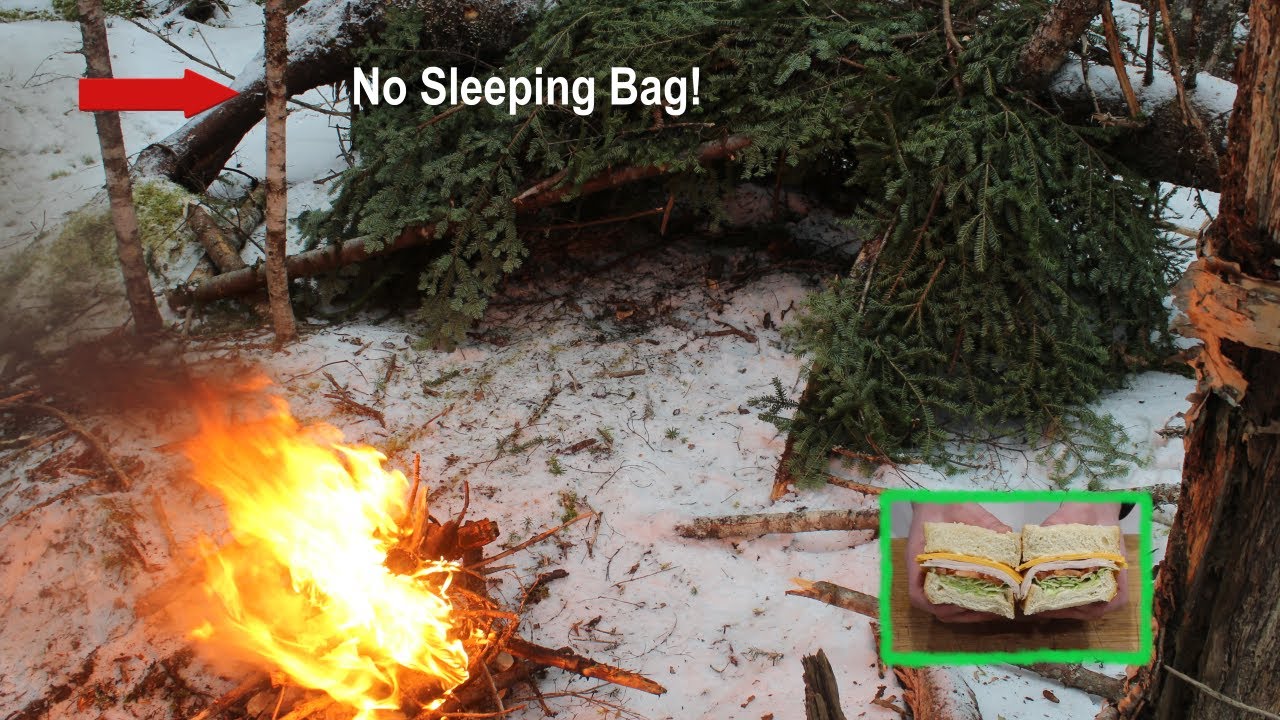 Winter Storm Bushcraft Survival Shelter. 24 Hours with minimal gear ...