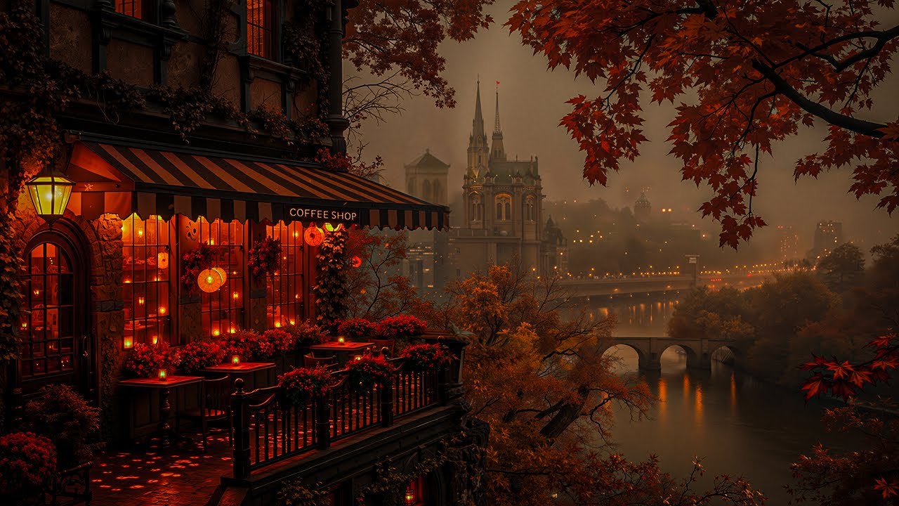 Cozy Cafe Gothic Balcony in Autumn Night Ambience | Dark Academia Music for Focus & Thoughtful Night